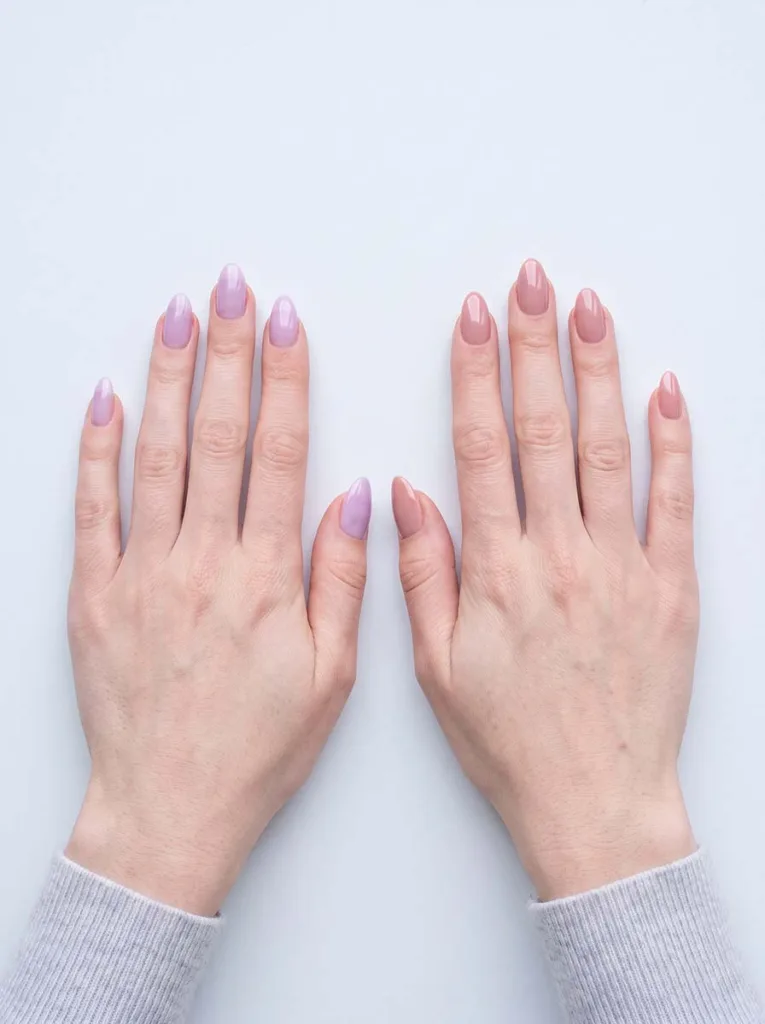 almond nail designs color guide for fair skin showing lavender nude and rose tones
