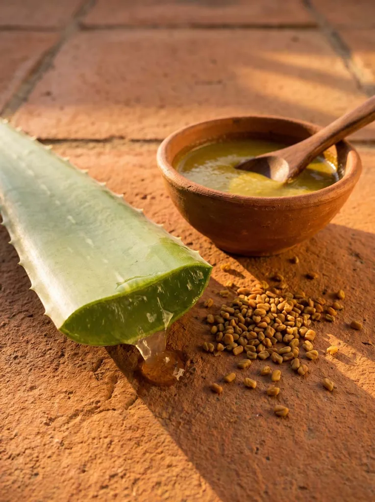 Fresh aloe vera leaf cut open beside a bowl of fenugreek paste on a terracotta surface