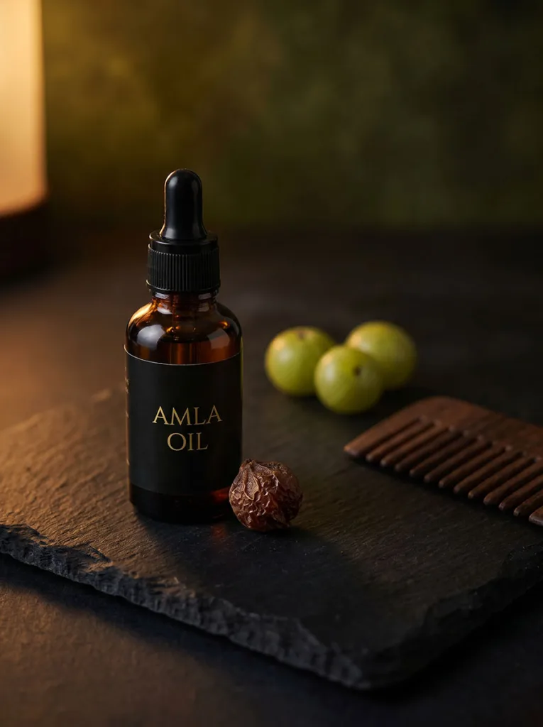 Dark amber amla oil bottle with fresh amla berries and a wooden comb on a black stone surface