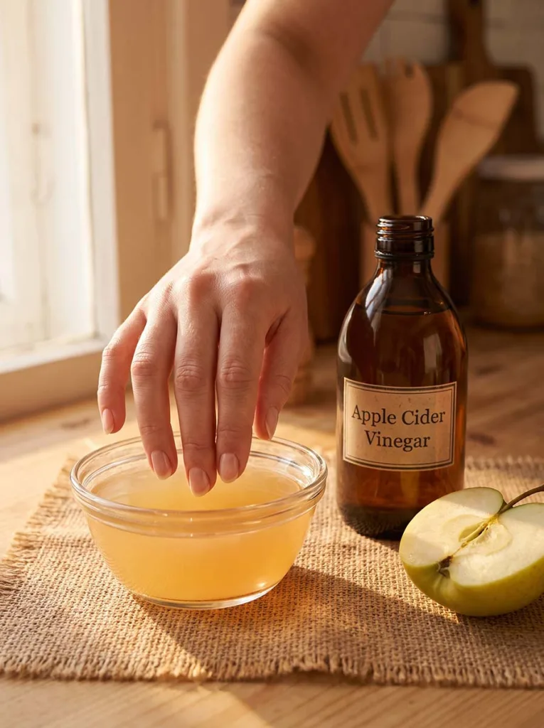 fingertips soaking in an apple cider vinegar and water solution in a small bowl for natural nail pH balance