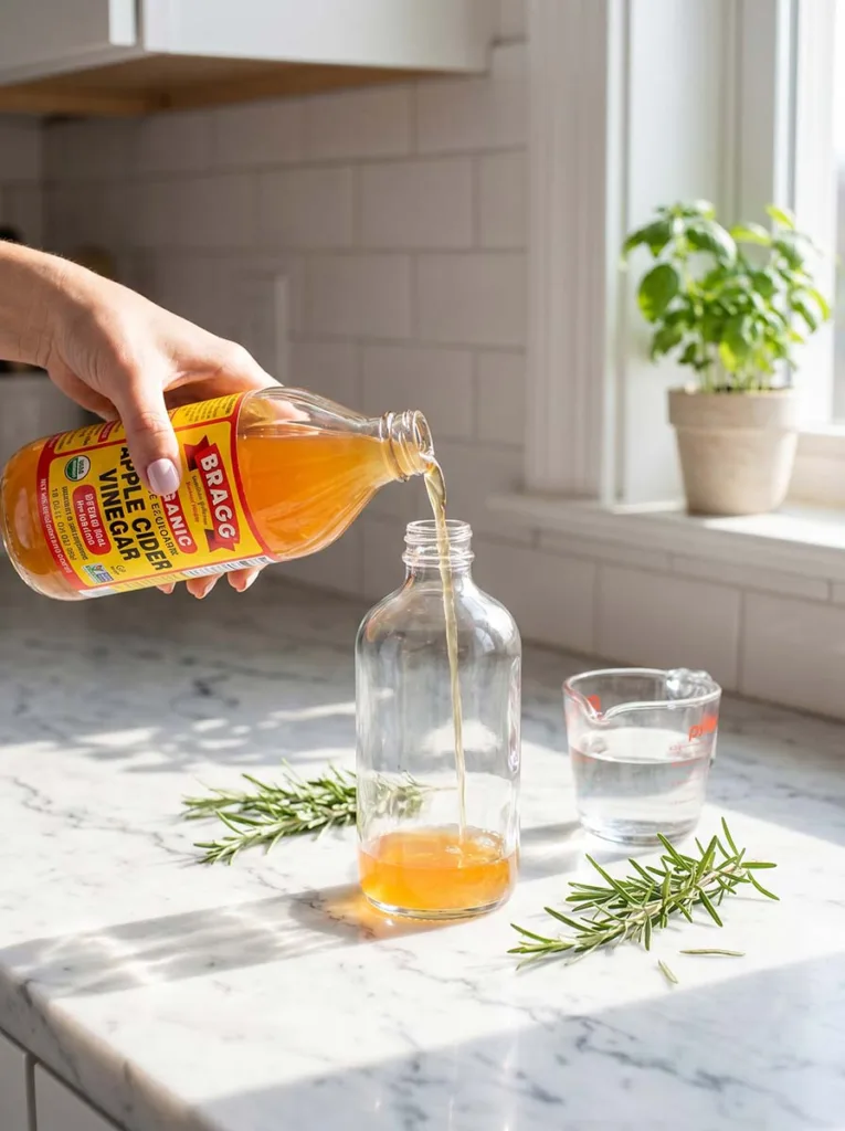 Equal parts apple cider vinegar and water being mixed in a glass spray bottle on a white kitchen counter for a natural scalp rinse