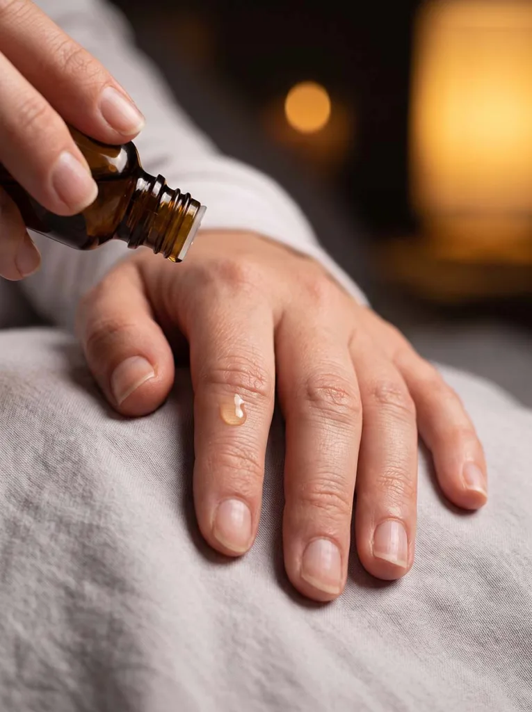 Applying cuticle oil to the nail bed with a glass dropper bottle as part of a simple nail care routine at home