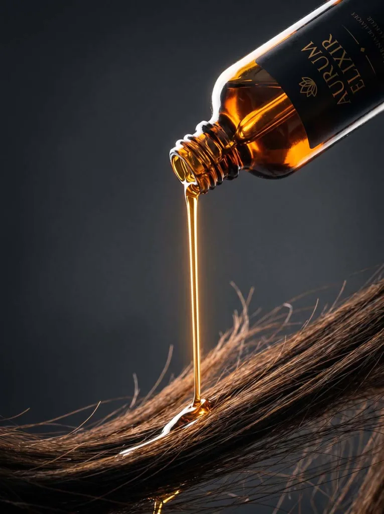 argan hair oil pouring from dark glass bottle onto dry hair ends for shine