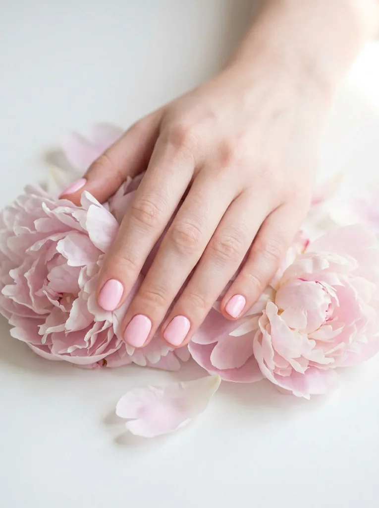 Baby pink short round nails on fair porcelain skin resting over fresh pale pink peonies — overhead editorial