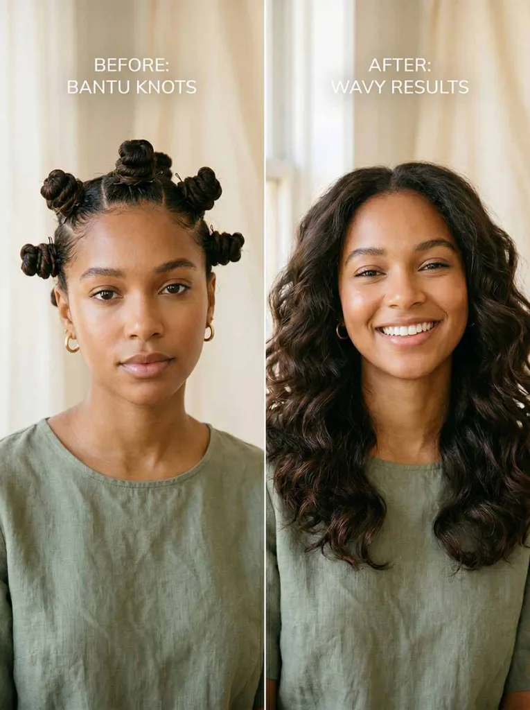 Bantu knots on damp hair for creating heatless beach waves overnight