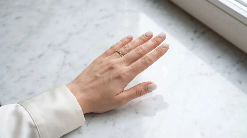 Best simplistic short round nails in sheer milky white on fair skin against white marble