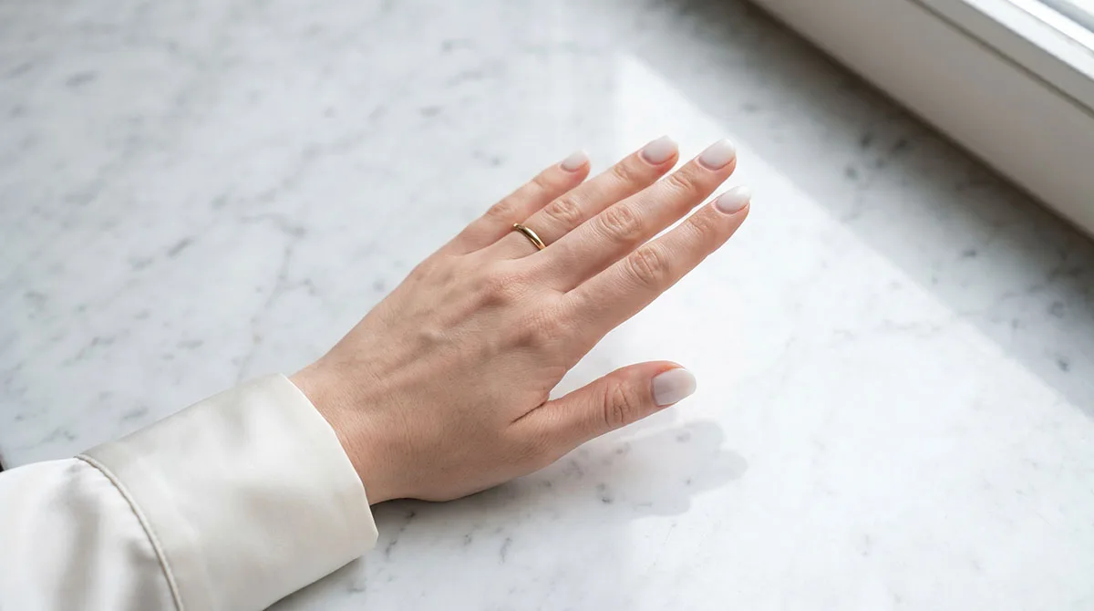 Best simplistic short round nails in sheer milky white on fair skin against white marble