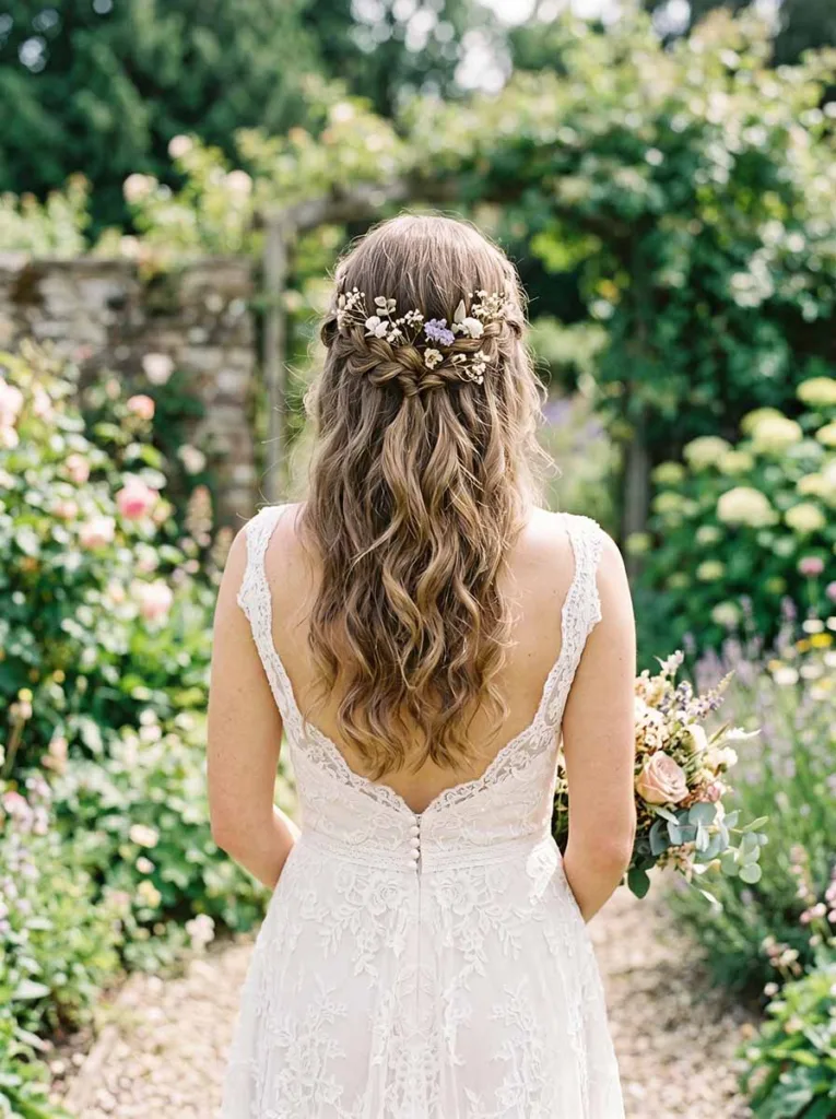 Boho bridal braided half-up hairstyle with loose waves for wedding day