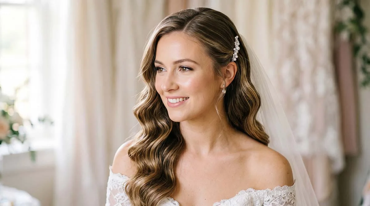 New bridal hairstyles 2026 — bride with soft romantic waves and floral hair accessory