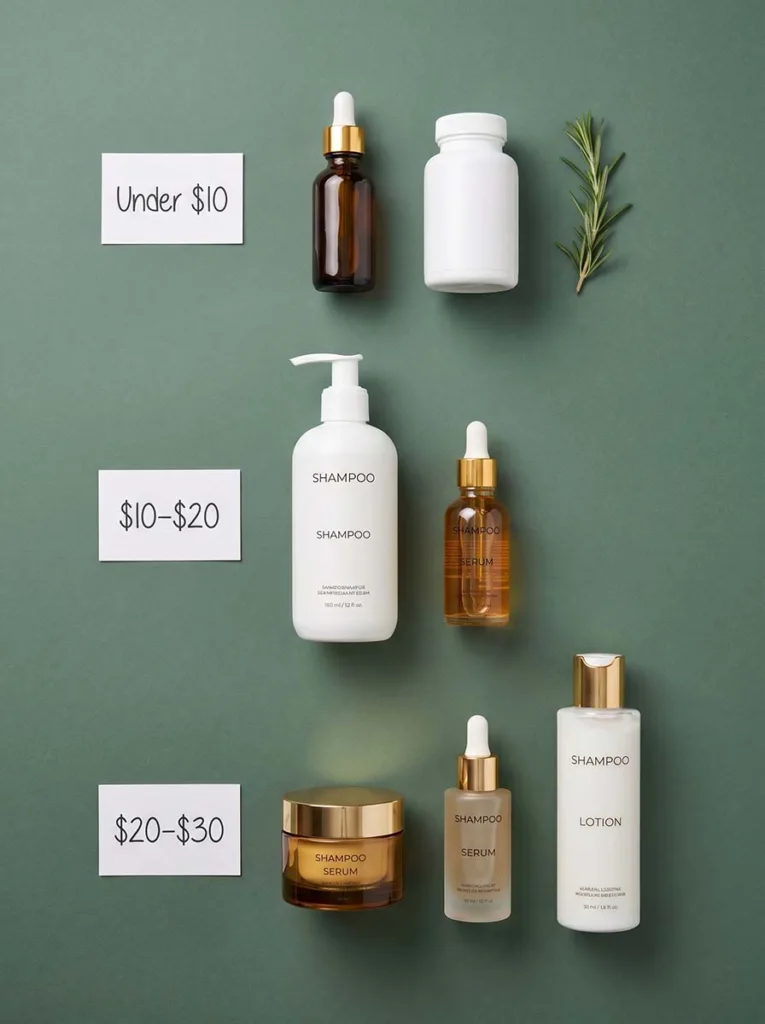 hair growth products under 10 dollars 10 to 20 dollars and 20 to 30 dollars arranged in rows on green background