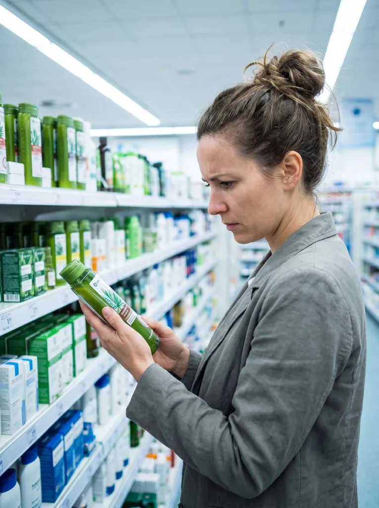 woman reading ingredient label on hair growth shampoo bottle in pharmacy aisle