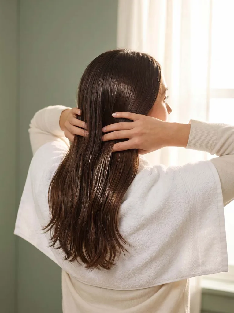 Woman working coconut oil through the mid-lengths of her long dark hair from behind