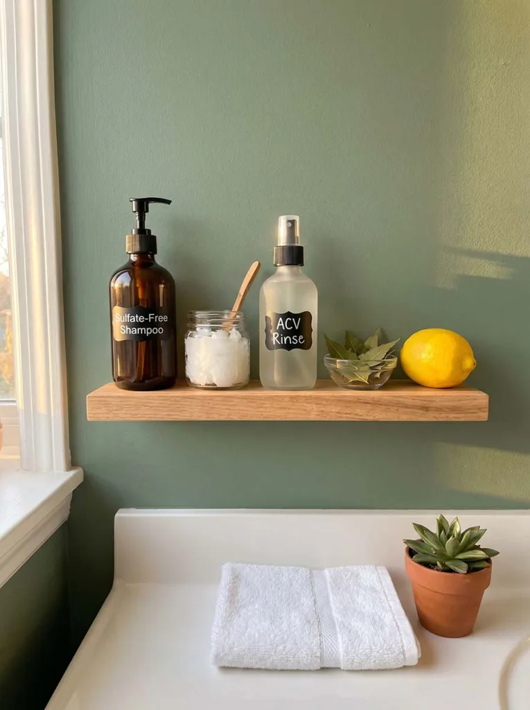 Organized bathroom shelf with sulfate-free shampoo, coconut oil jar, and apple cider vinegar spray bottle as a weekly scalp care maintenance routine