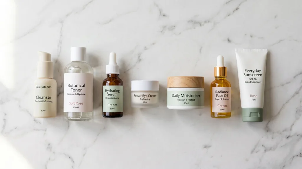 create the perfect skincare routine — 7 step product flat-lay in correct application order