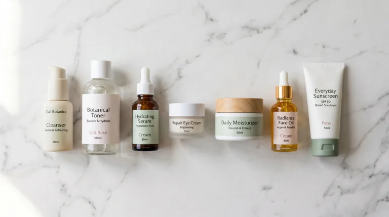 create the perfect skincare routine — 7 step product flat-lay in correct application order