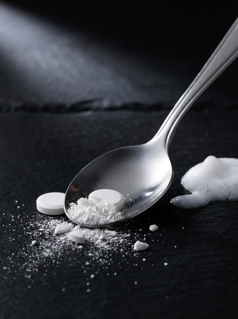 Two uncoated white aspirin tablets being crushed with a spoon on a black slate surface beside a dollop of shampoo for a DIY dandruff treatment