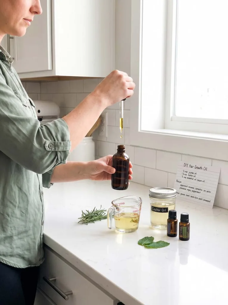 woman with rolled up sleeves mixing homemade hair growth oil blend on white kitchen counter in bright daylight