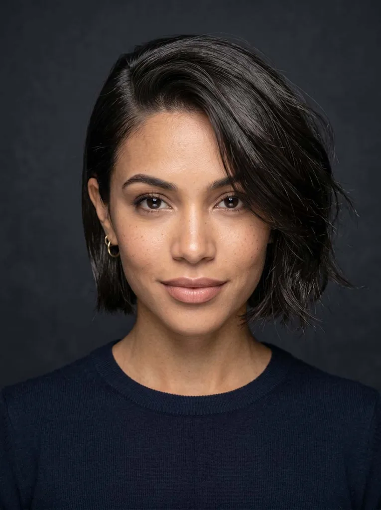 deep side part short hairstyle — sleek and polished bob with dramatic parting