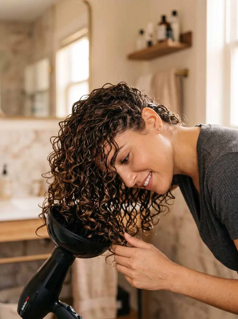 Diffuser attachment on hair dryer for enhancing natural beach waves on curly hair