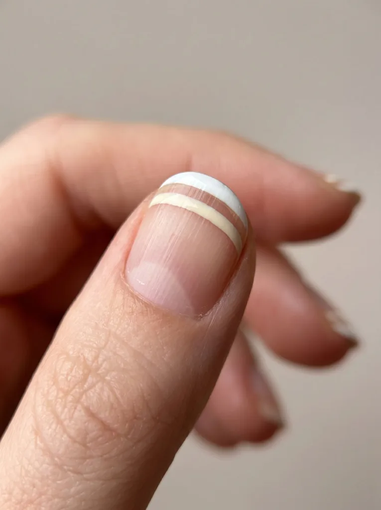 Double French tip on short round nail — macro detail of two precise parallel lines at the nail tip on fair skin