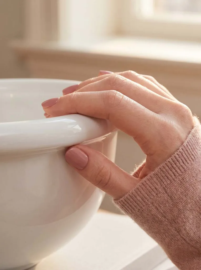 Dusty rose short round nails on fair skin over a white ceramic bowl — warm-light editorial shot