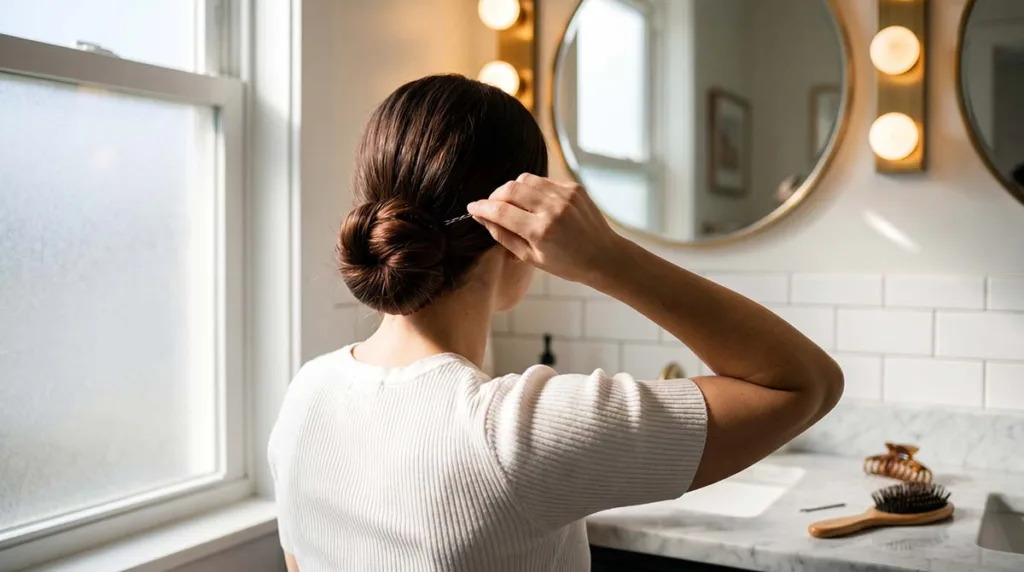woman with elegant low bun hairstyle getting ready in a bright morning bathroom