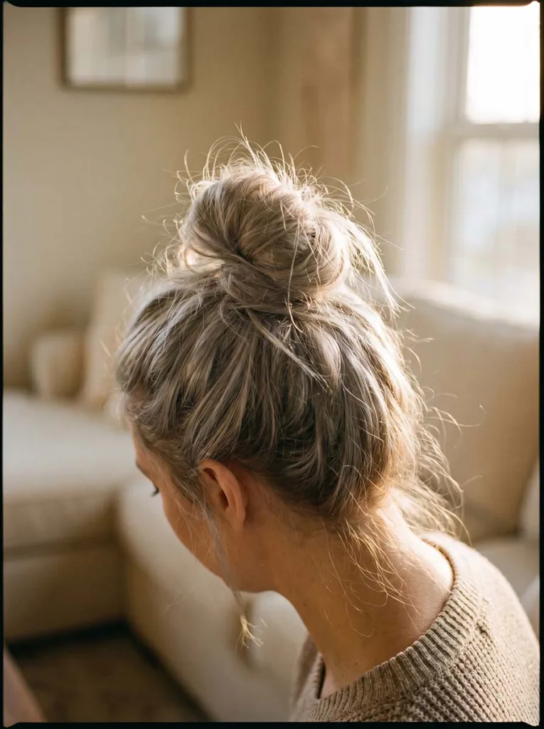 effortless messy bun with loose face-framing pieces easy 3-minute hairstyle