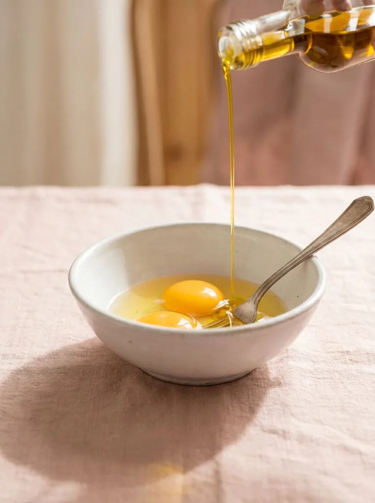 Two eggs cracked into a white ceramic bowl with olive oil being poured in for a DIY hair mask