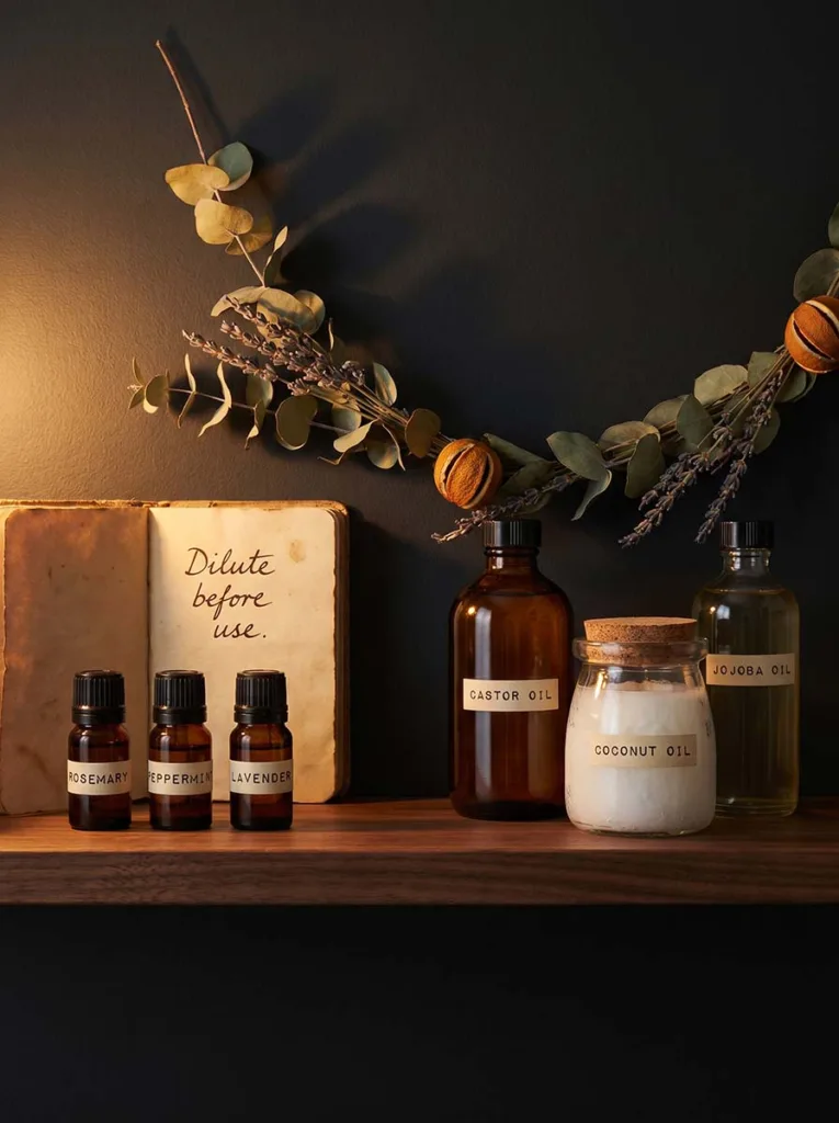 small essential oil vials next to large carrier oil bottles on dark wood shelf in apothecary style setting