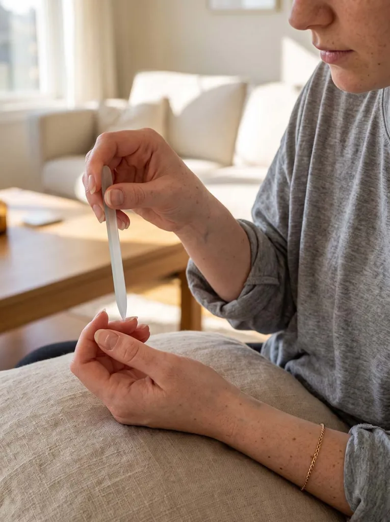 Woman filing her nails into an oval shape with a glass file as part of a nail care routine at home