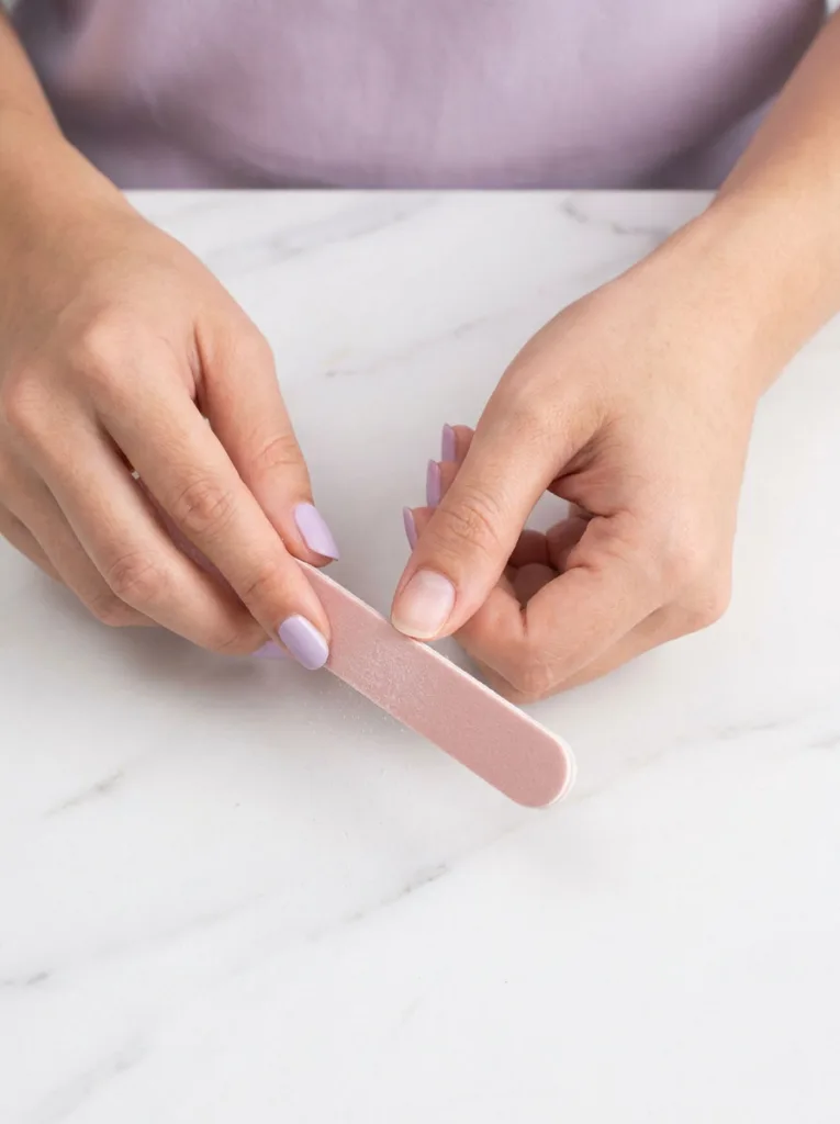 Hand filing short nails in one direction with a nail file on a white surface showing proper nail prep technique