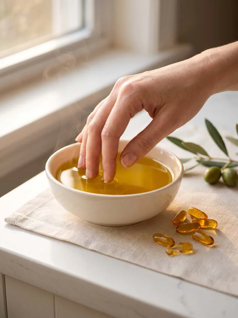 woman soaking fingertips in a small bowl of warm olive oil for a weekly nail strengthening treatment at home