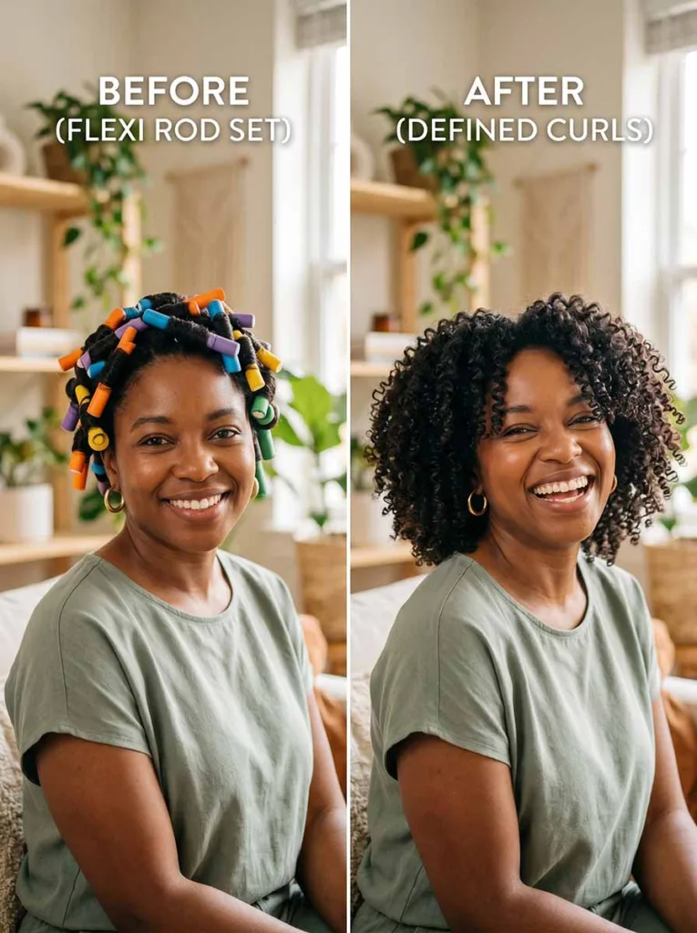 flexi rods heatless curl method on natural hair showing defined spiral curls