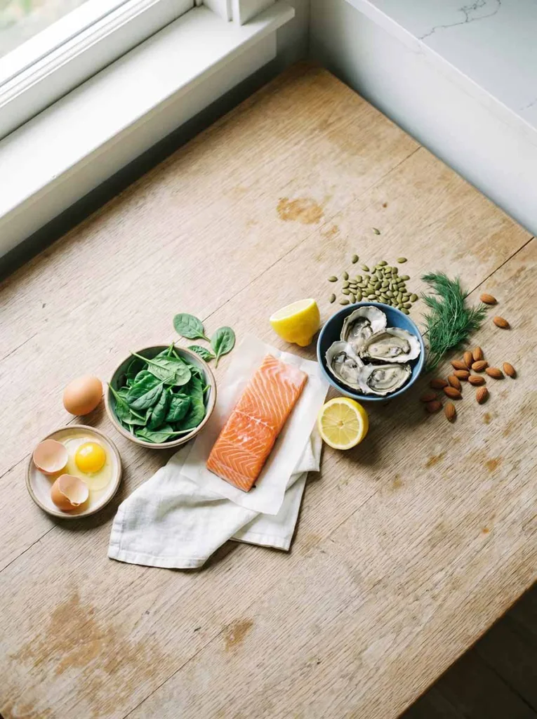 overhead flat lay of hair growth foods including eggs salmon spinach oysters and nuts arranged on a light wood kitchen table