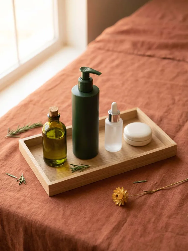 four types of hair growth products scalp oil shampoo serum and supplements arranged on wooden tray