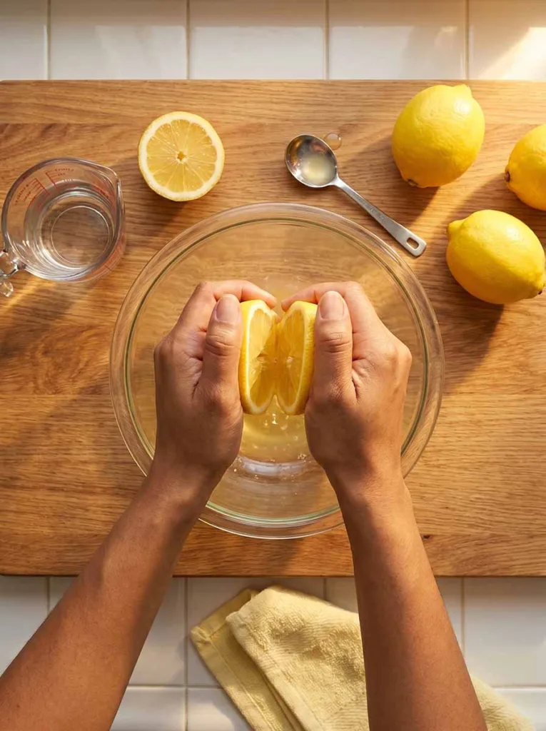 Woman squeezing fresh lemon juice into a glass bowl with a small measuring cup of water nearby to prepare a natural anti-dandruff scalp rinse