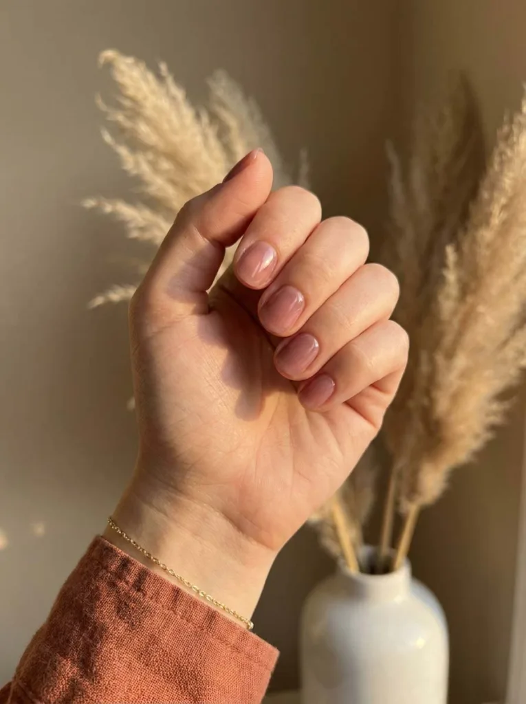 Glazed donut nail finish on short squoval nails with pearlescent shimmer and milky white base
