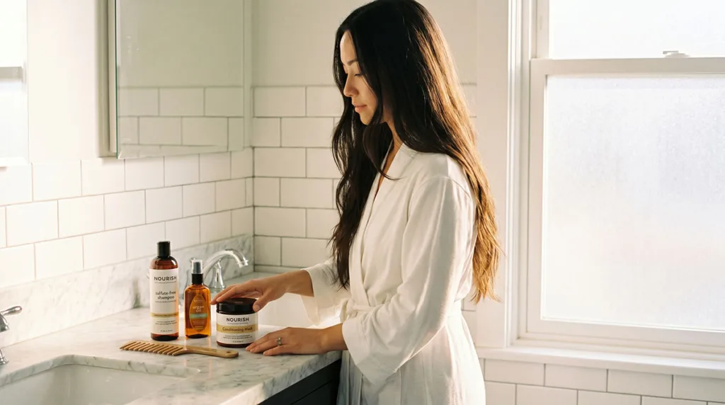woman building a complete hair care routine for better hair health with products laid out on a bathroom shelf