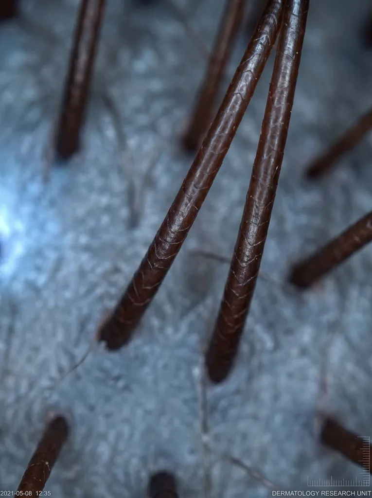 close-up of healthy hair strands against a dark background illustrating the active anagen growth phase of the hair growth cycle