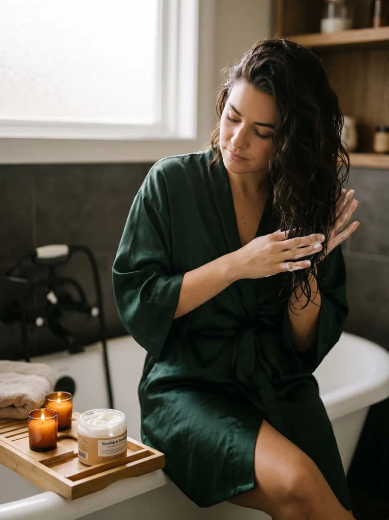 woman applying deep conditioning hair mask to hair ends for moisture repair