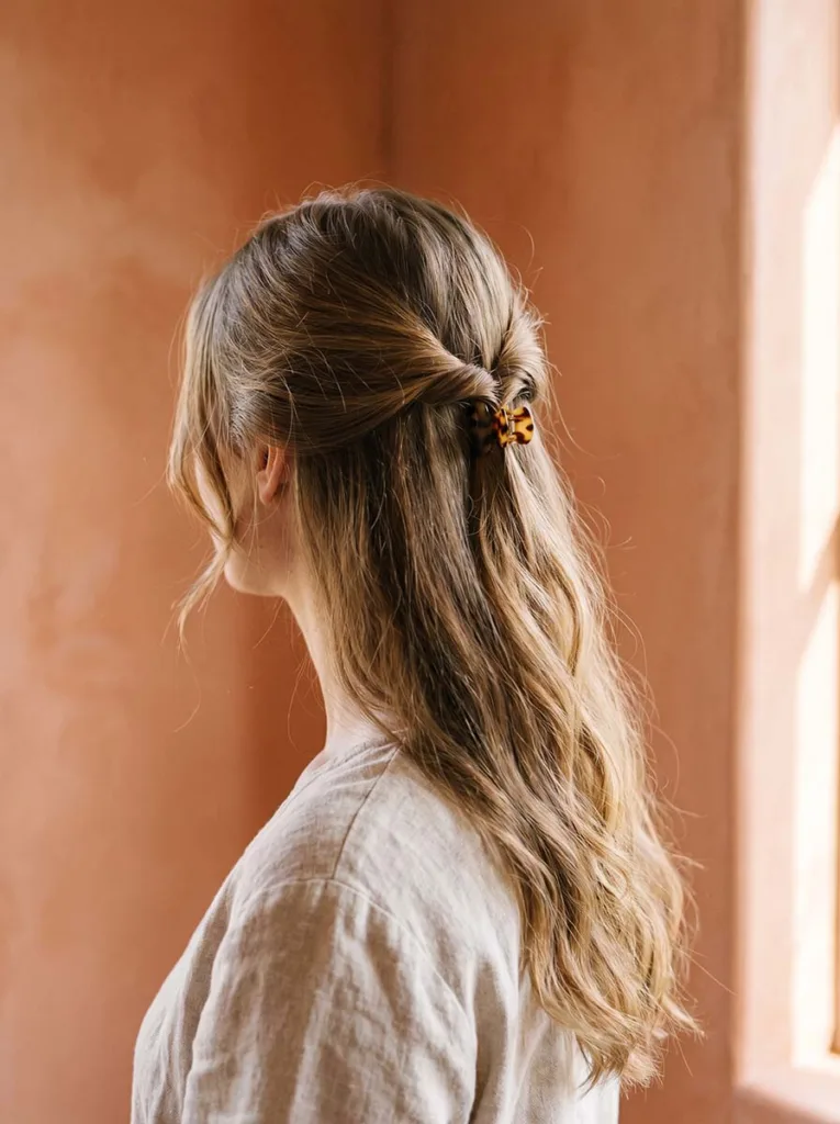 half up twist hairstyle with loose hair down easy 3-minute style