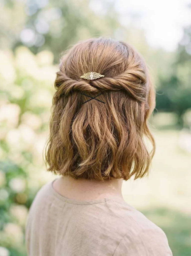 half-up twist hairstyle for short hair — bob with crown twist and loose face-framing pieces
