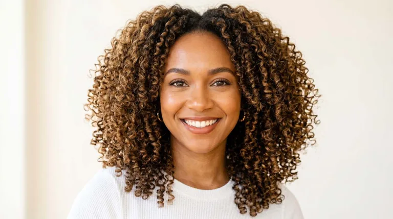 woman with bouncy heatless curls showing healthy shiny hair