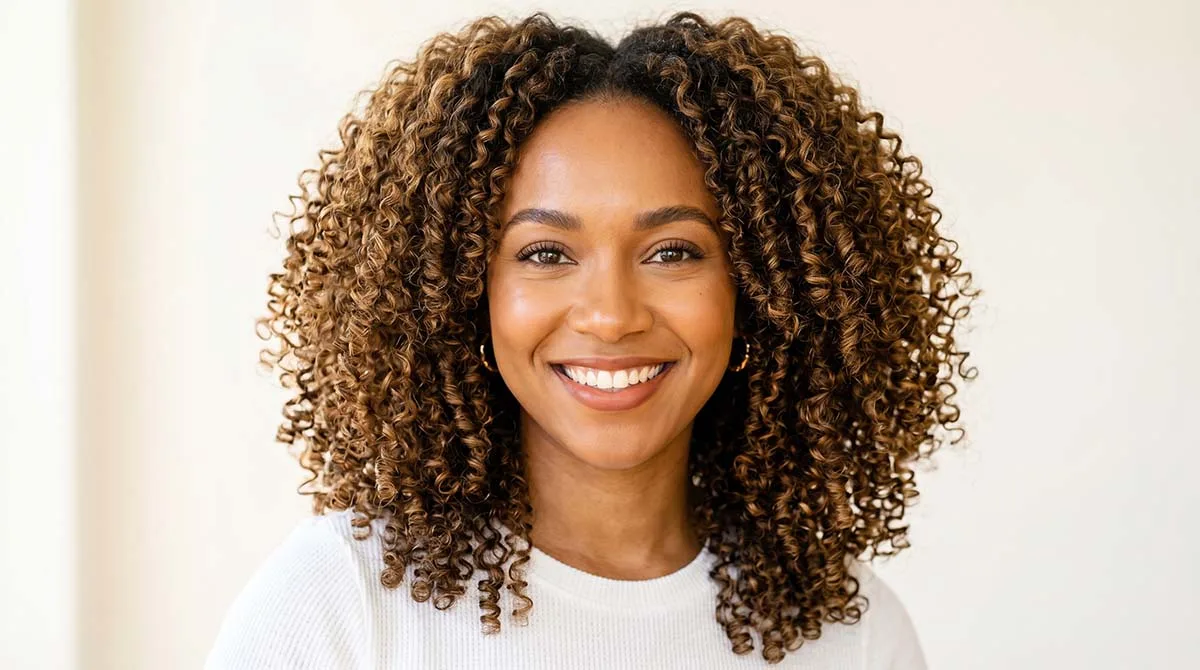 woman with bouncy heatless curls showing healthy shiny hair