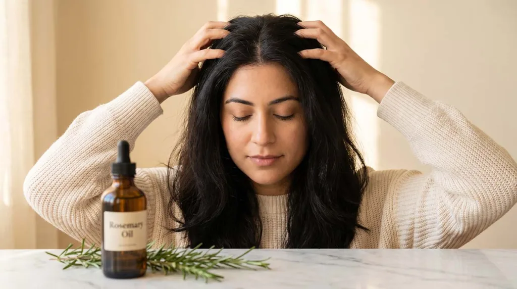 how to improve scalp health for faster hair — woman massaging scalp with fingertips surrounded by rosemary oil and hair care products