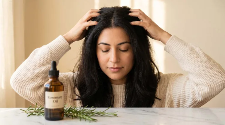 how to improve scalp health for faster hair — woman massaging scalp with fingertips surrounded by rosemary oil and hair care products