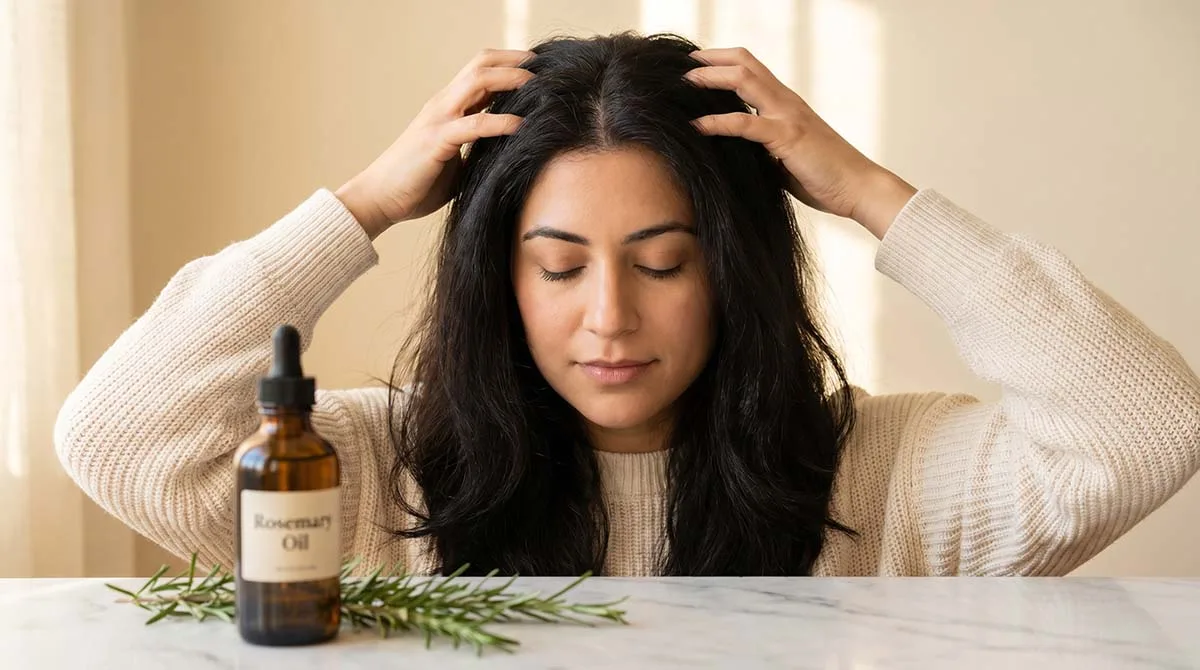 how to improve scalp health for faster hair — woman massaging scalp with fingertips surrounded by rosemary oil and hair care products