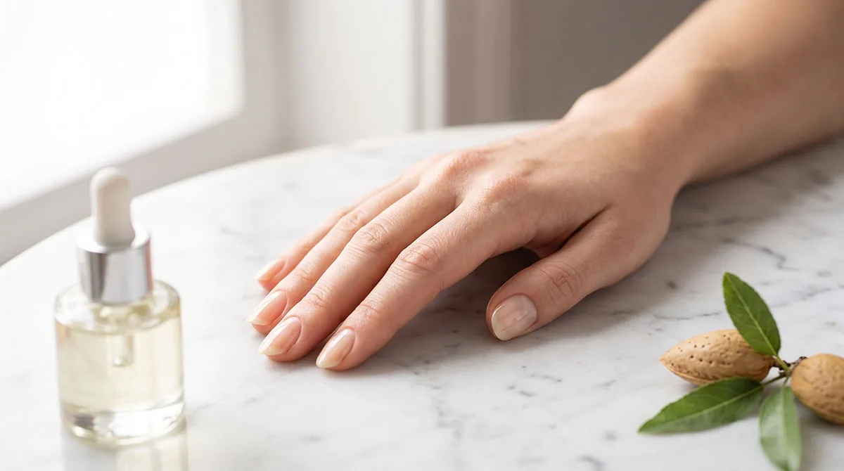 close-up of healthy, clean natural nails resting on a marble surface with a small glass bottle of cuticle oil and fresh almond sprigs
