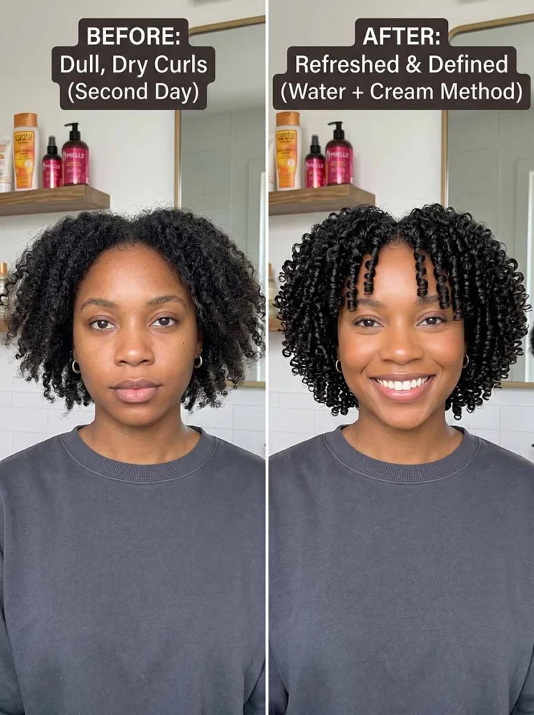 how to refresh day 2 curly hair — before and after using water and curl cream method