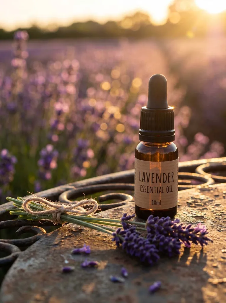 lavender essential oil bottle on rustic iron garden table with lavender field golden hour backlight
